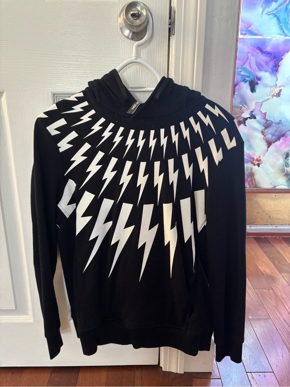 Neil Barrett Black Hoodie Sweater with White Lightning Graphic - Men